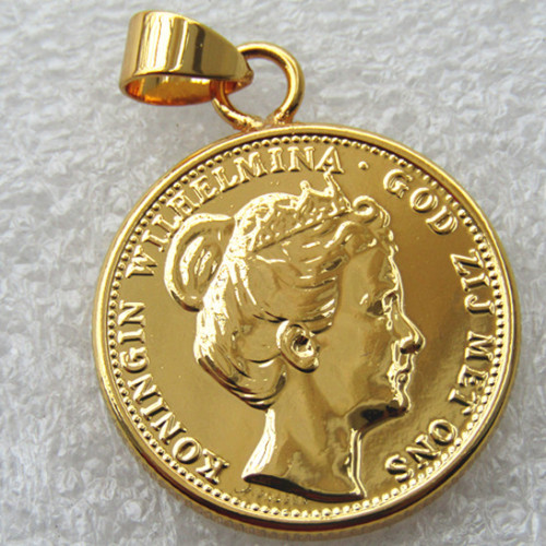P(25)Coin Pendant Netherlands, 1898 Wilhelmina I, 10 Gulden, Gold Plated Copy Coin(22mm)