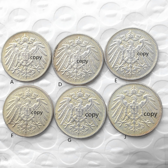 German 1 Mark 1914-ADEFGJ 6pcs Mintmark To Chose Silver Plated Coin Copy