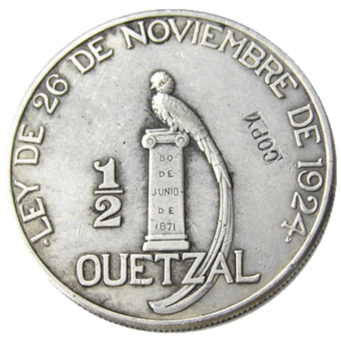 Guatemala 1925 1/2 Quetzal Silver Plated Copy Coin