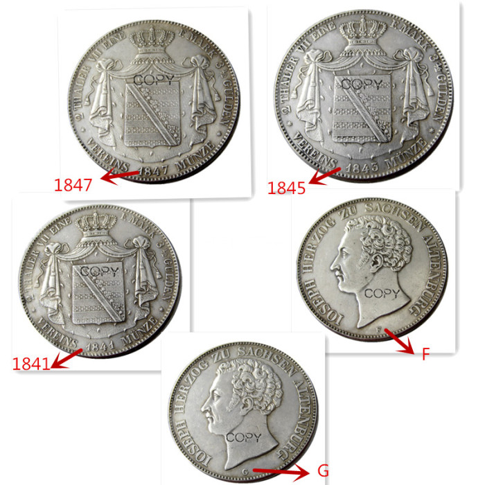 DE(05-(10)GERMAN STATES. Saxe-Altenburg. Joseph. A Set Of(1841 1843 1847)FG 6PCS AR 2 Thaler Silver Plated Copy Coin