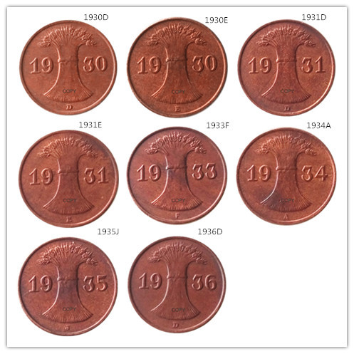 German 1930-1936 8pcs 1 Pfennig 100% Copper Coin Copy