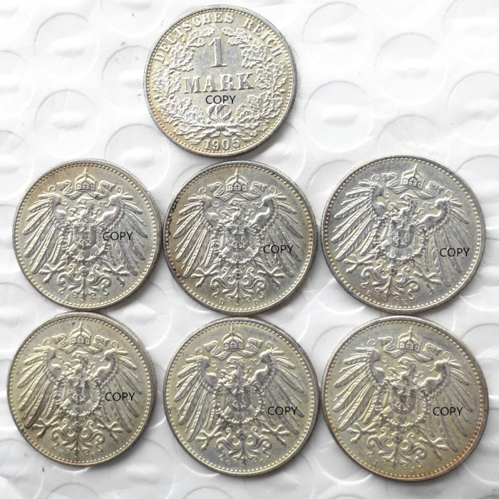 German 1 Mark 1905-ADEFGJ 6pcs MintmarkTo Chose Silver Plated Coin Copy