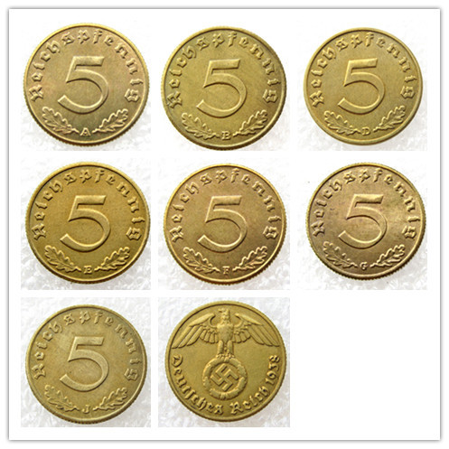 German 1938ABDEFGJ 5Pfennig 100% Brass Coin Copy