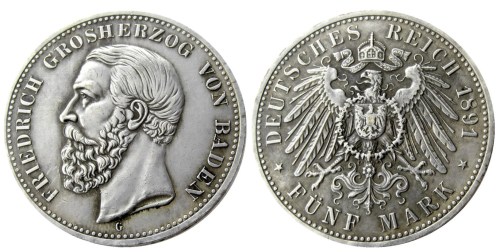 1891 GERMAN STATES BADEN - 5 mark Silver Plated Copy coin