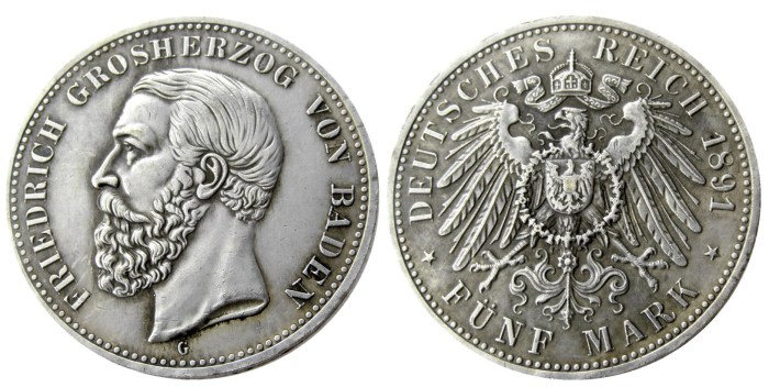 1891 GERMAN STATES BADEN - 5 mark Silver Plated Copy coin