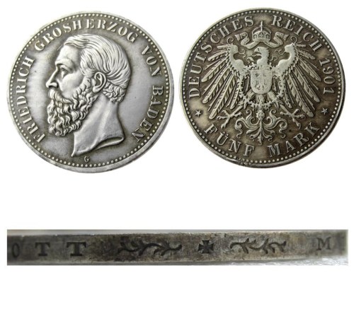 1901 GERMAN STATES BADEN - 5 mark Silver Plated Copy coin