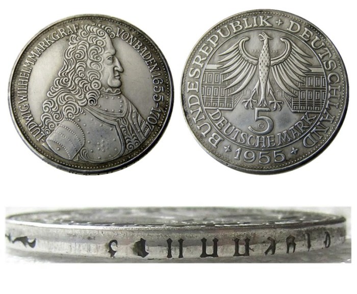DE(12) Germany, Federal Republic, 5 Mark, 1955 G Silver Plated Copy Coin
