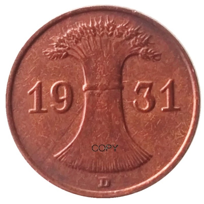 German 1930-1936 1 Pfennig 100% Copper Coin Copy