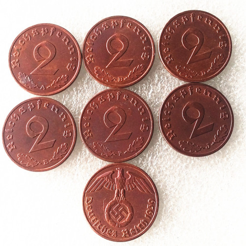 German 1939ABDEFJ 2Pfennig 100% Copper Coin Copy