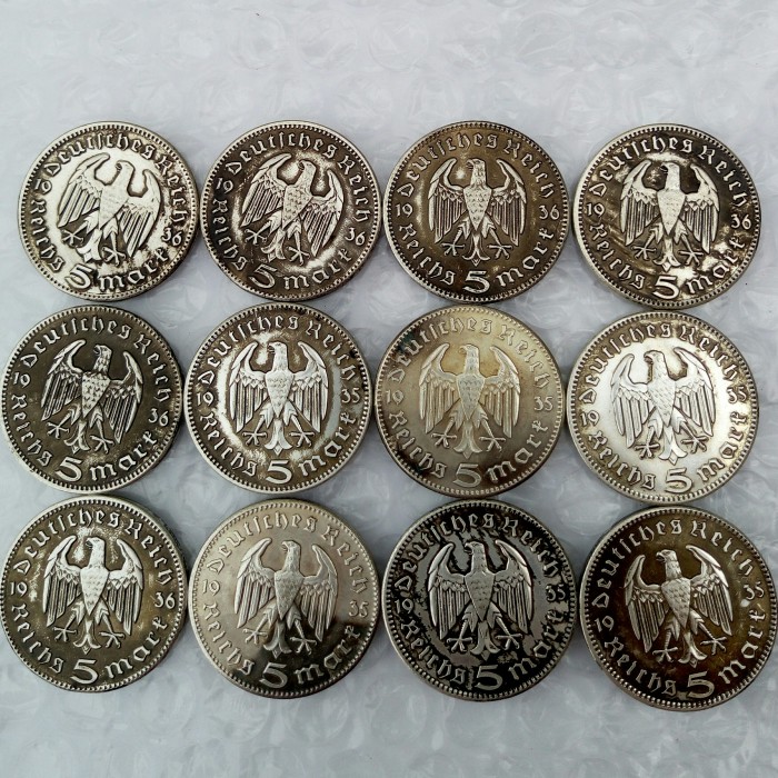 German 5 Reichsmark Hindenburg Eagle A Set Of(1935-1936ADEFGJ) 12PCS Silver Plated Coin Copy