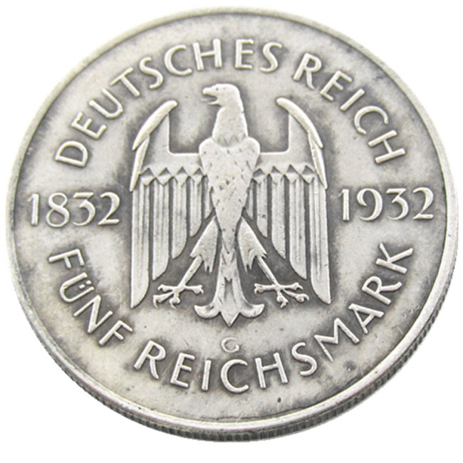 GERMANY 1932-G 5 Reichsmark Silver Plated Copy coin