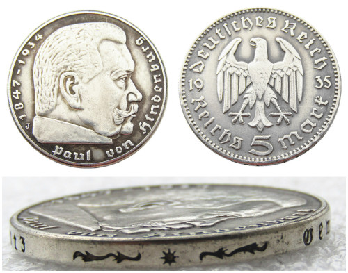 Germany 5 Reichsmark Hindenburg Eagle 1935J Silver Plated Coin Copy