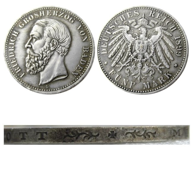 1899 GERMAN STATES BADEN - 5 mark Silver Plated Copy coin