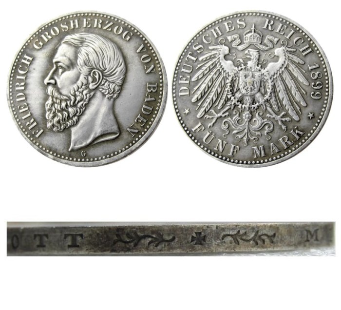 1899 GERMAN STATES BADEN - 5 mark Silver Plated Copy coin