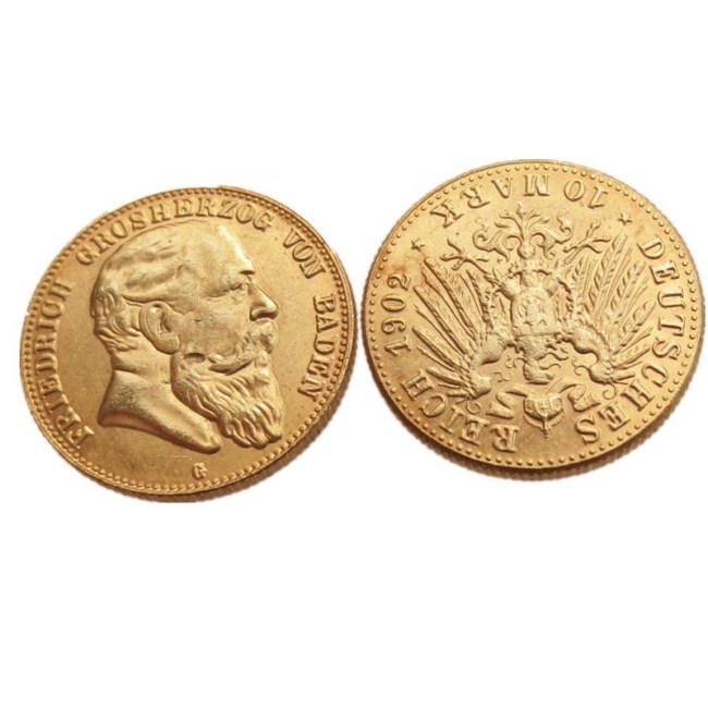 German States 1902 BADEN 10 Mark Gold Plated Copy Coins