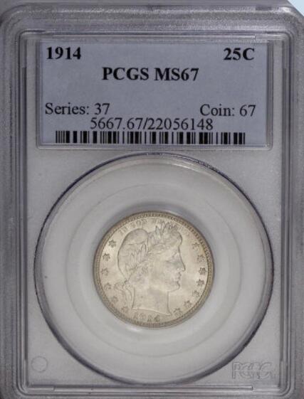US Coin PCGS 1914 MS67 Barber Quarter Dollar Silver Coins Currency Senior Transparent Box