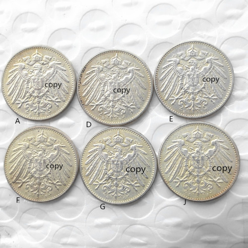 German 1 Mark 1905-ADEFGJ 6pcs MintmarkTo Chose Silver Plated Coin Copy