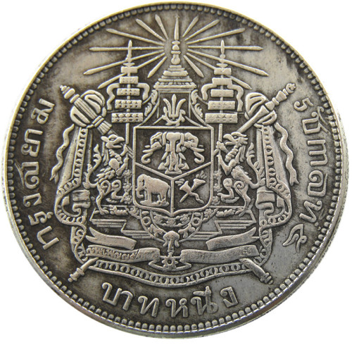 TH(04)Thailand 1 Baht 1876 - 1900 ND Silver World Coin King Rama V Elephants Silver Plated Copy Coin
