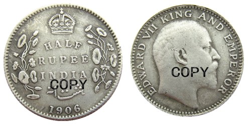 IN(10) Indian 1/2 Rupee 1906 Ancient Silver Plated Copy Coins