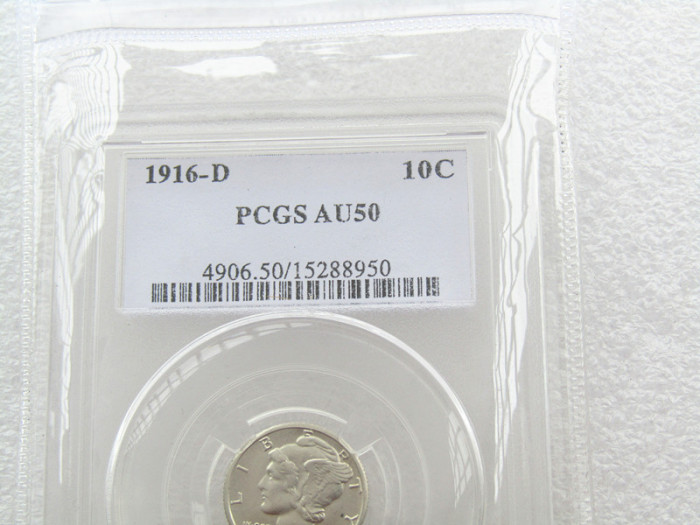 US Coin PCGS 1916D AU50 10C Mercury Dime Cent Currency Senior Transparent Box