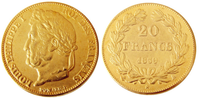 France Louis-Philippe 1839A 20 France Gold Plated Copy Coin