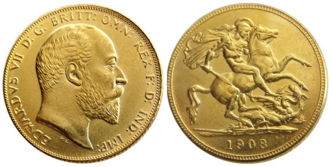 RARE UK 1908 KING EDWARD VII MATT PROOF GOLD PLATED 1 SOVEREIGN (1LSD) COPY COINS