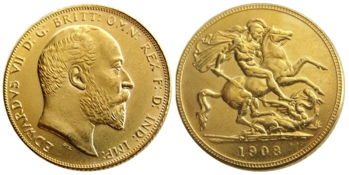 RARE UK 1908 KING EDWARD VII MATT PROOF GOLD PLATED 1 SOVEREIGN (1LSD) COPY COINS