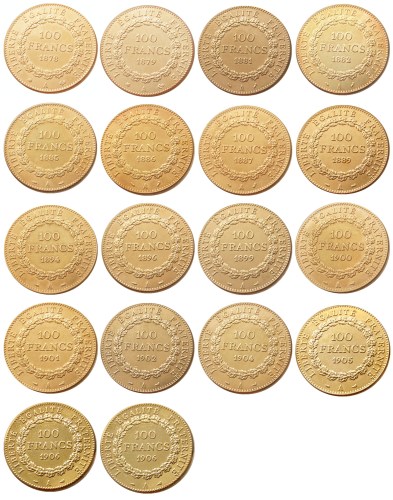 France A set of 1878 - 1906 18pcs 100 Francs Gold Plated Copy Coin