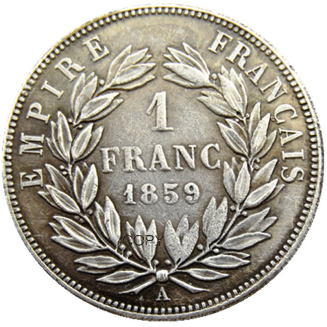 France 1 Franc 1859A Napoleon III Silver Plated Copy Coins