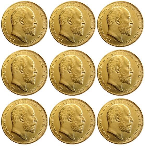UK RARE A Set OF(1902-1910) 9PCS KING EDWARD VII MATT PROOF GOLD PLATED 1 SOVEREIGN (1LSD) COPY COINS