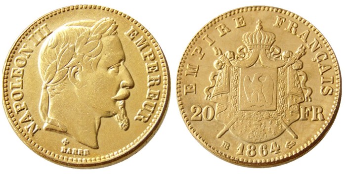 France Napoleon 20 France 1864B Gold Plated Copy Coin