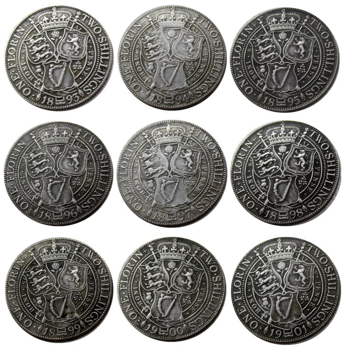 Full Set (1893-1901) 9pcs Queen Victoria Great Britain Silver 1 Florin Silver Plated Copy Coins