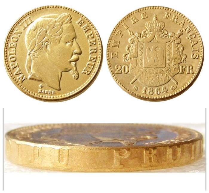 France Napoleon 20 France 1864B Gold Plated Copy Coin