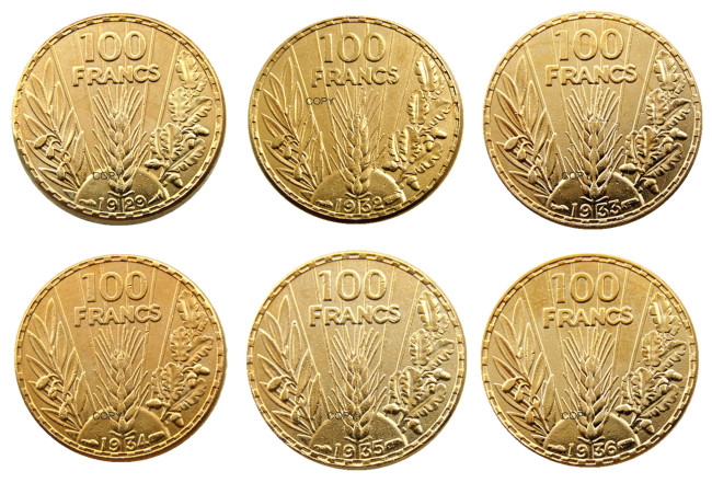 France 100 Francs Third Republic A Set Of(1929-1936) 6pcs Gold Plated Copy Coin