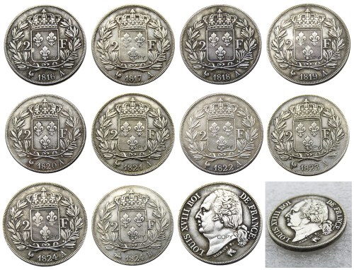 France A set of(1816-1821A) 10pcs 2Francs Silver Plated Copy Coins