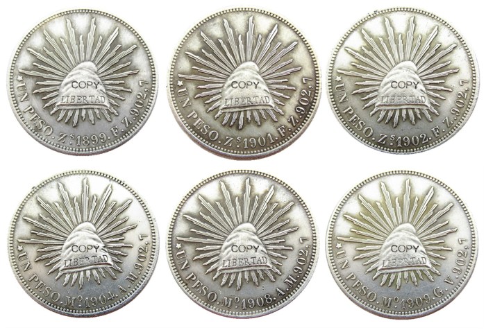 Mexico A Set Of(1899-1909) 6pcs 1 Peso Silver Plated Copy Coins