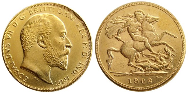 RARE UK 1902 KING EDWARD VII MATT PROOF GOLD PLATED 1 SOVEREIGN (1LSD) COPY COINS