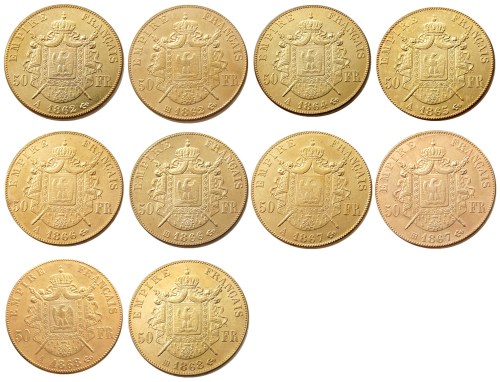 France 1862 -1868 A -B 10PCS 50 Francs Gold Plated Copy Coin