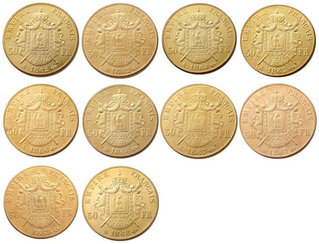 France 1862 -1868 A -B 10PCS 50 Francs Gold Plated Copy Coin