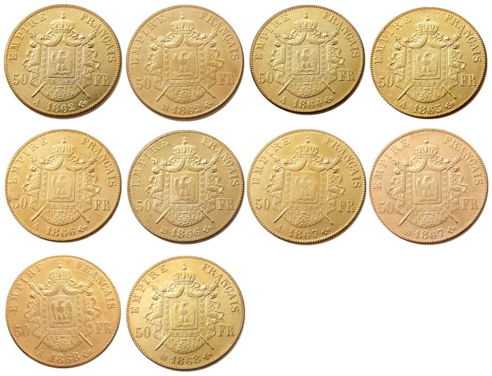 France 1862 -1868 A -B 10PCS 50 Francs Gold Plated Copy Coin