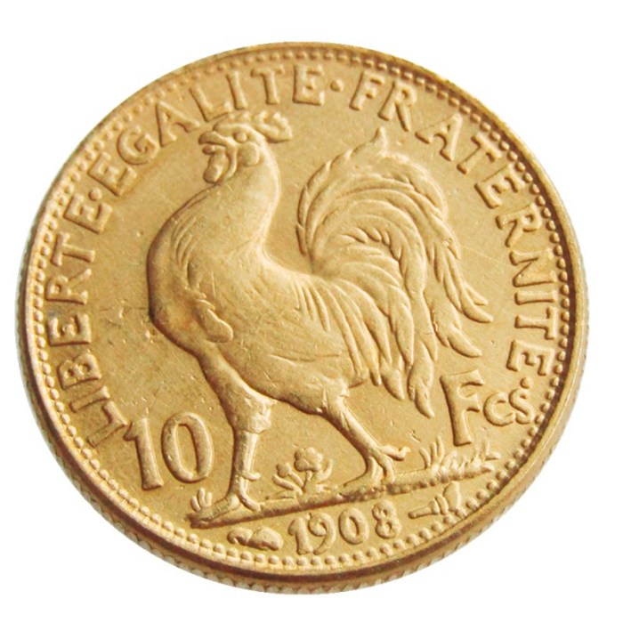 France 1908 10 Francs Rooster Gold Plated Copy Coin