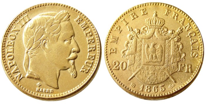 France Napoleon 20 France 1865B Gold Plated Copy Coin