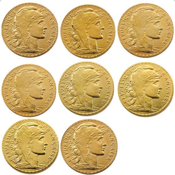 France A Set Of(1907-1914) 8pcs 20 Francs Rooster Gold Plated Copy Coin