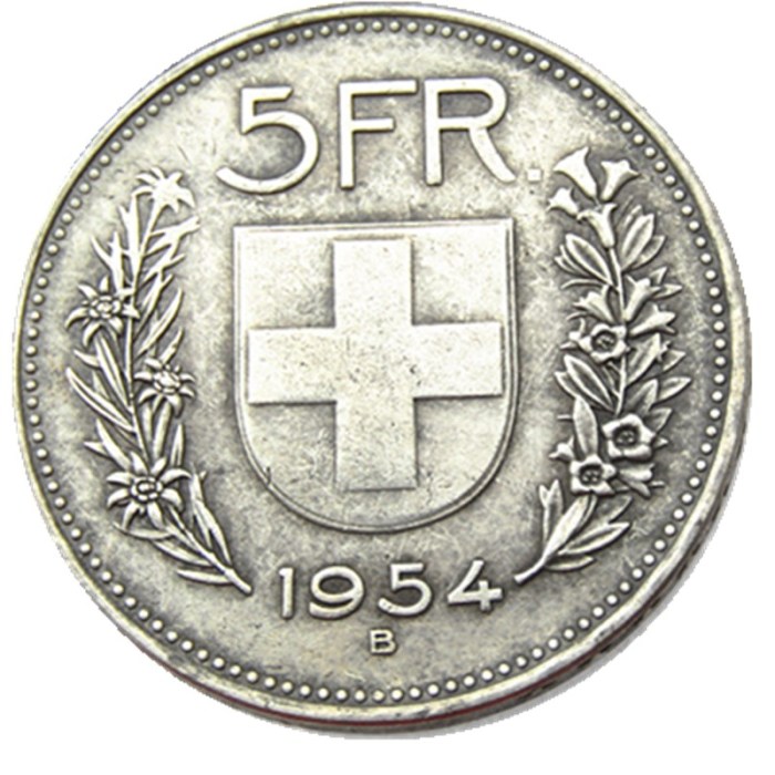 Hobo 1954 Switzerland (Confederation) 5Francs（5Franken）Silver Plated Copy Coin(31.45mm)