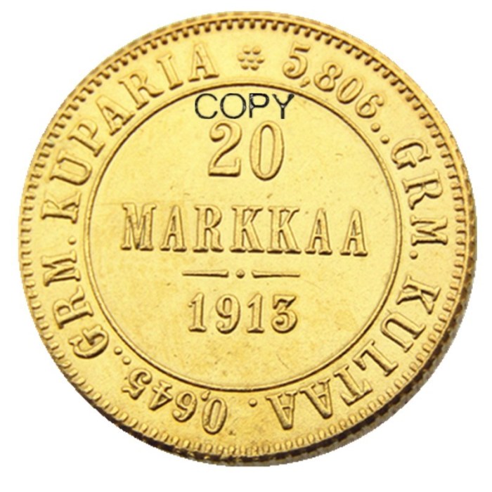 1913 Russian 20 Marks Gold Plated Copy Coins