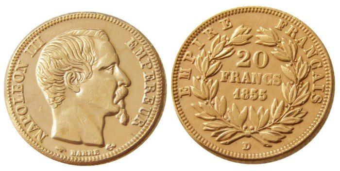 France Napoleon 20 France 1855D Gold Plated Copy Coin