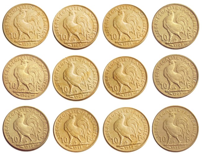 France A Set Of(1899-1914)12pcs 10 Francs Rooster Gold Plated Copy Coin
