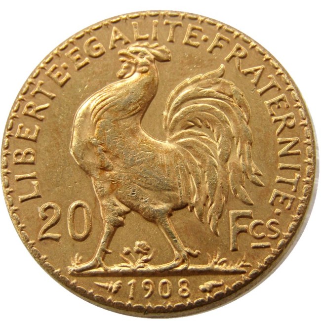France 1908 20 Francs Rooster Gold Plated Copy Coin