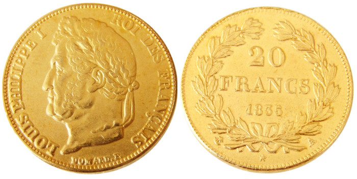 France Louis-Philippe 1835A 20 France Gold Plated Copy Coin