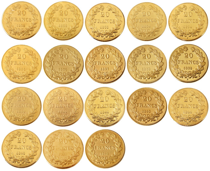 France 20 France (1832-1848 AB)18PCS Louis-Philippe Gold Plated Copy Coin